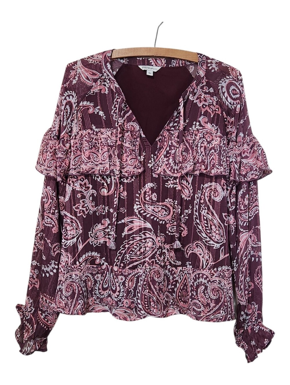 FRYE AND CO. Burgundy and Pink Paisley Ruffle V-Neck Blouse Size Large EUC